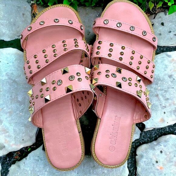 Pink Sandals l Gold-Studded l Slide on l Flats l Size 8 l EUC - Picture 3 of 9